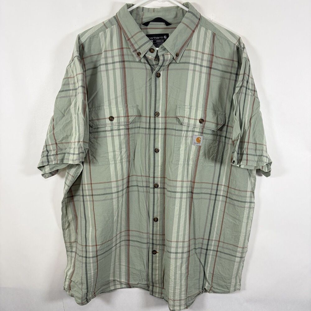 Carhartt Loose Fit Short Sleeve Button Down Shirt Mens XL Green Plaid Pockets